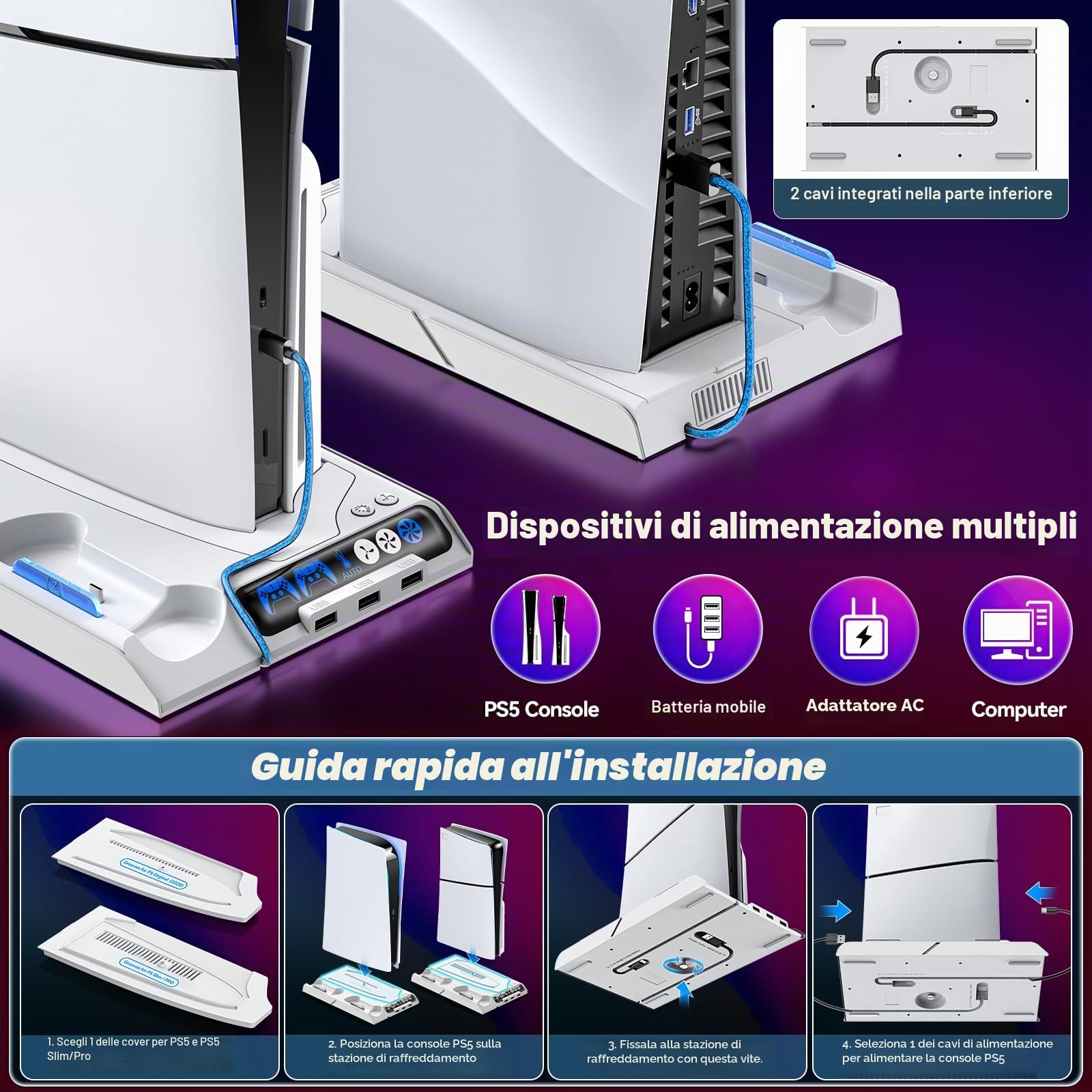 Supporto P5 di Raffreddamento per PS5/PS5 Slim con Regolazione Automatica, Supporto P5 Slim con Ventola di Raffreddamento a 4 Stadi, Accessori PS5 per Controller Originali/Edge