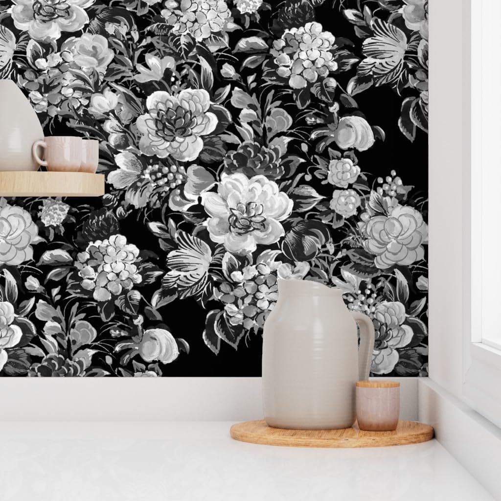 Peel & Stick Wallpaper 3ft x 2ft - Mid Century Modern Flowers Cocktail Midnight 1950S Floral Black Custom Removable Wallpaper by Spoonflower