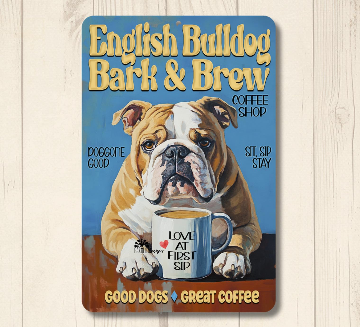 English Bulldog Coffee Bar Sign Bark & Brew bull dog funny metal tin kitchen home decor