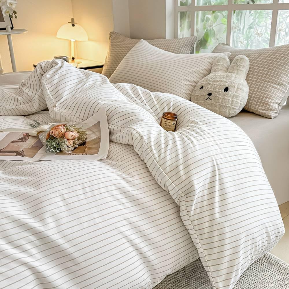 Covebett Striped Double Duvet Cover Sets Beige Brown Stripes Modern 3 Piece โ image 1