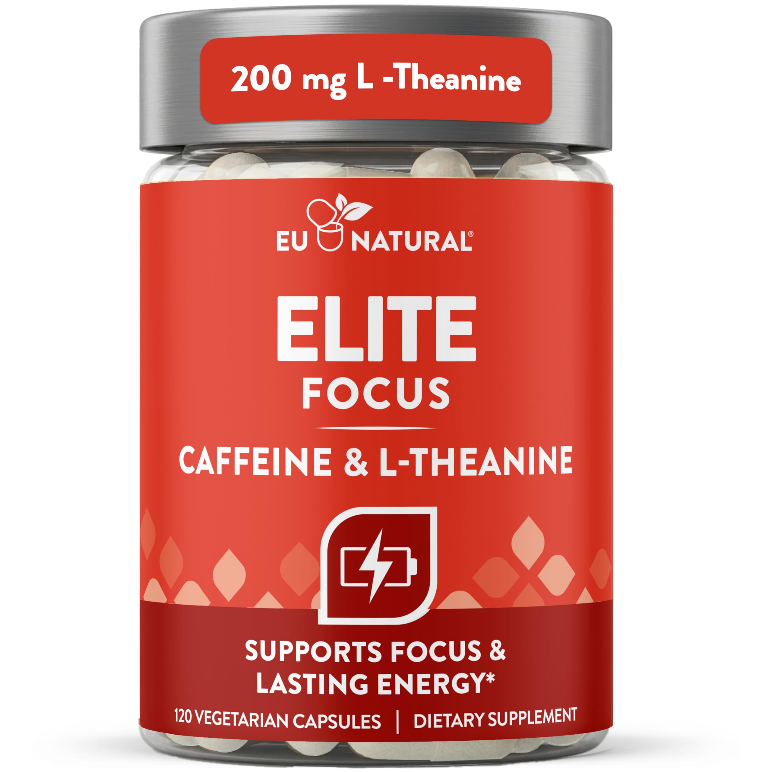 Eu Natural Elite Caffeine Pills with L-Theanine - 100mg Caffeine + 200mg L-Theanine - Jitter-Free Focused Energy & Clean Nootropic Stack - 120 Soft Capsules