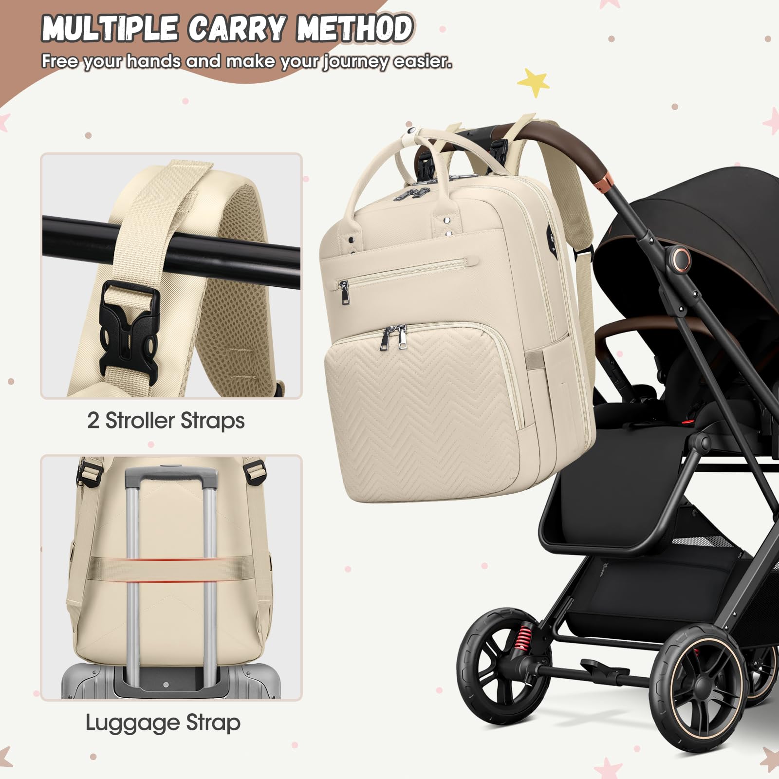 RAINSMORE Wickelrucksack Baby Wickeltasche Rucksack mit Wickelunterlage Unterwegs Groß Diaper Bag Multifunktions Baby Taschen für Mama und Papa Aprikose