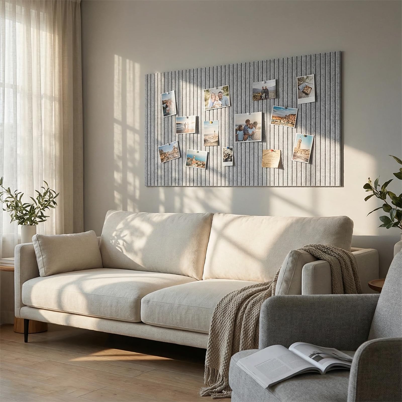Corcho de Pared Fieltro Adhesivo 90 x 60 cm Tablero de Corcho con 35 Tachuelas 0,9 cm de Grosor para Decorativa Hogar Escuela Oficina (Gris Claro)