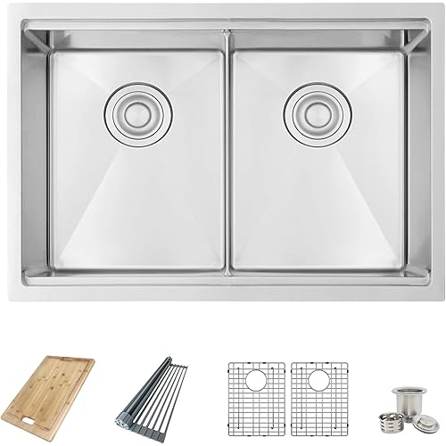 AZUNI 28 inch x 19 inch Stainless Steel Double Bowl Undermount 16G Workstation Kitchen Ledge Sink with Luxury Basket Strainers, Grids, Drying Rack and Bamboo Cutting Board, C228L
