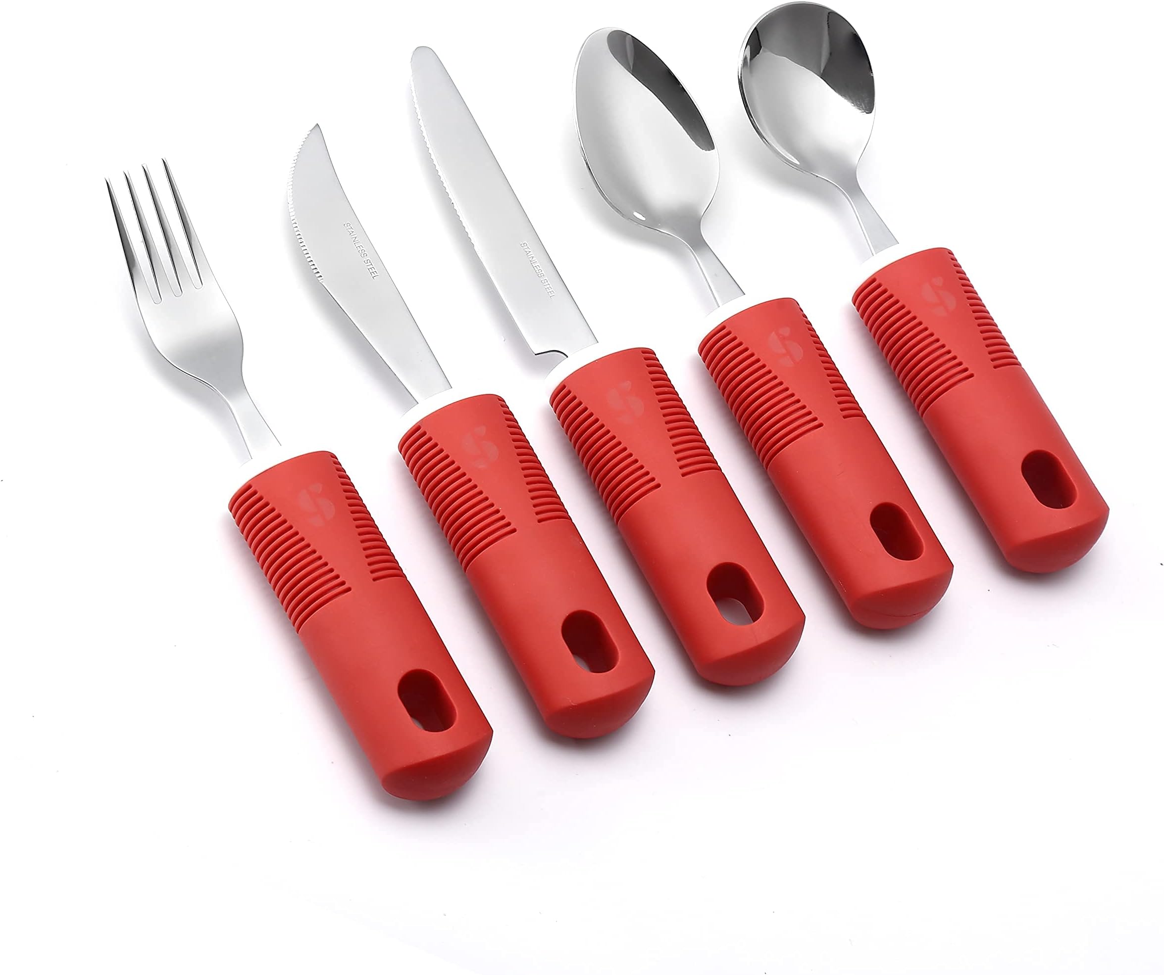 Special Supplies Adaptive Utensils (5-Piece Kitchen Set) Wide, Non-Weighted, Non-Slip Handles for Hand Tremors, Arthritis, Parkinson’s or Elderly Use - Stainless Steel (Red)