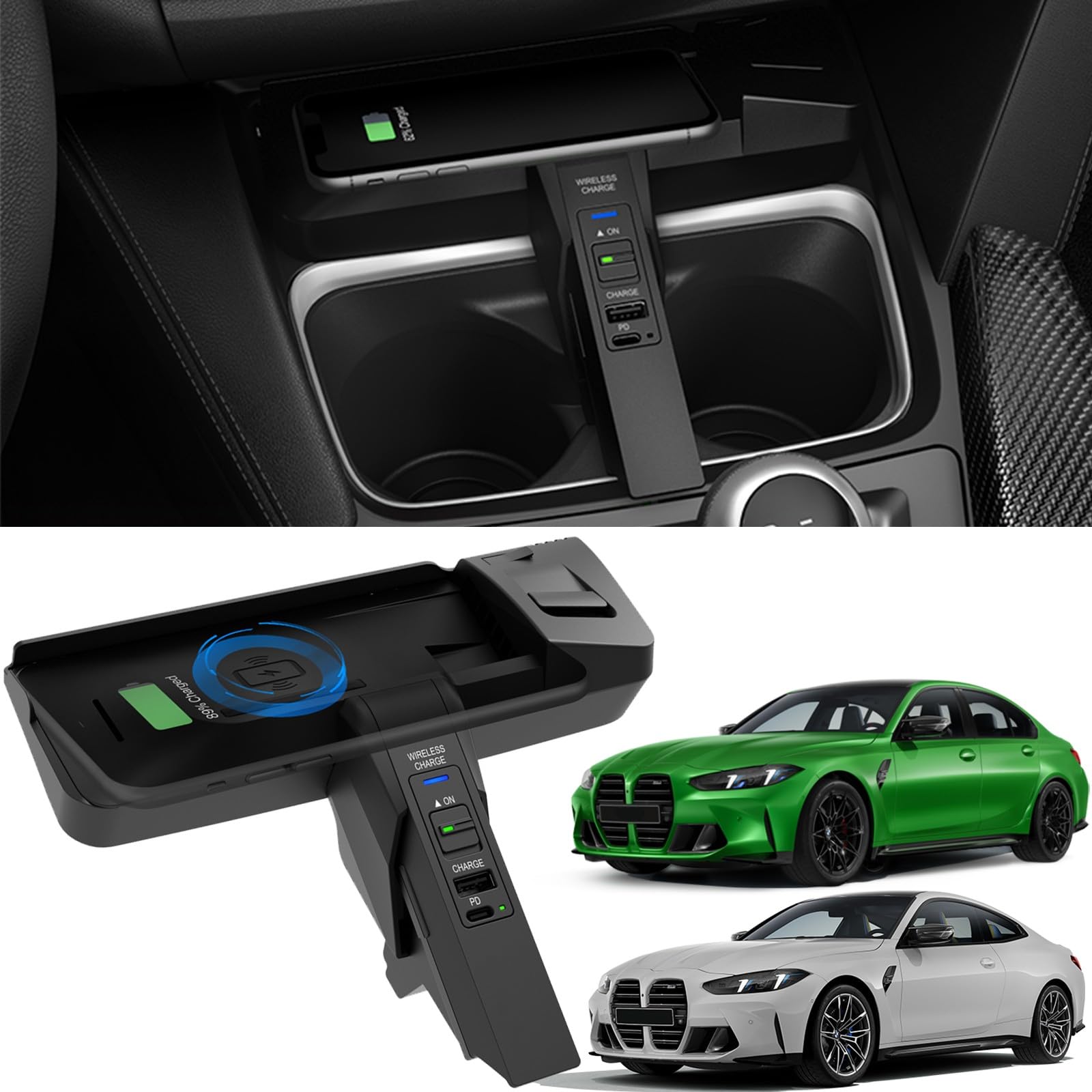 Kabelloses Auto Ladegerät für BMW 3 Series 4 Series 2013-2015, für BMW M3 M4 2014-2020, OEM-Passform mit 27W USB-A & Type-C Schnellladendes Handy-Ladegerät für BMW F30 F32 F80 F82 Zubehör