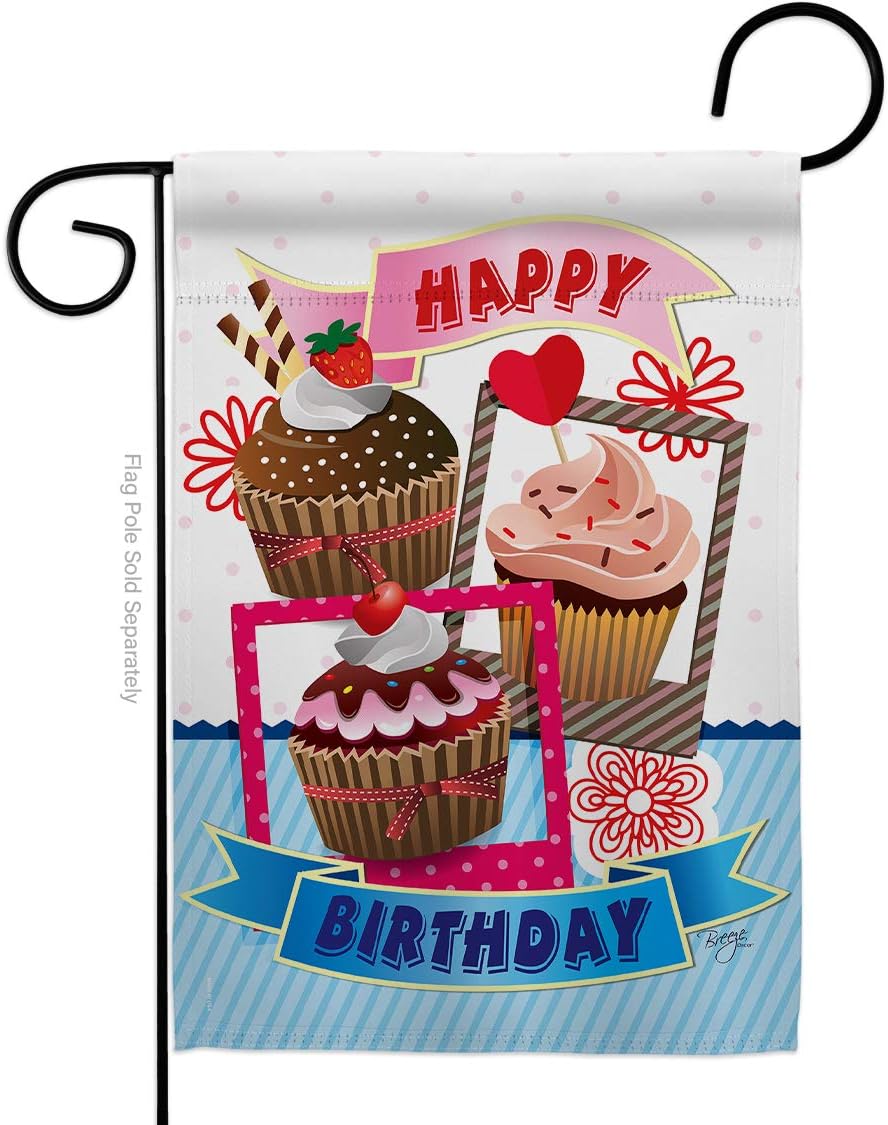Birthday Cupcake Burlap Garden Flag Celebration Cake Gift Present Candy Bouquet Occasion Anniversary Party Small Decorative Yard House Banner Double-Sided Made In USA 13 X 18.5