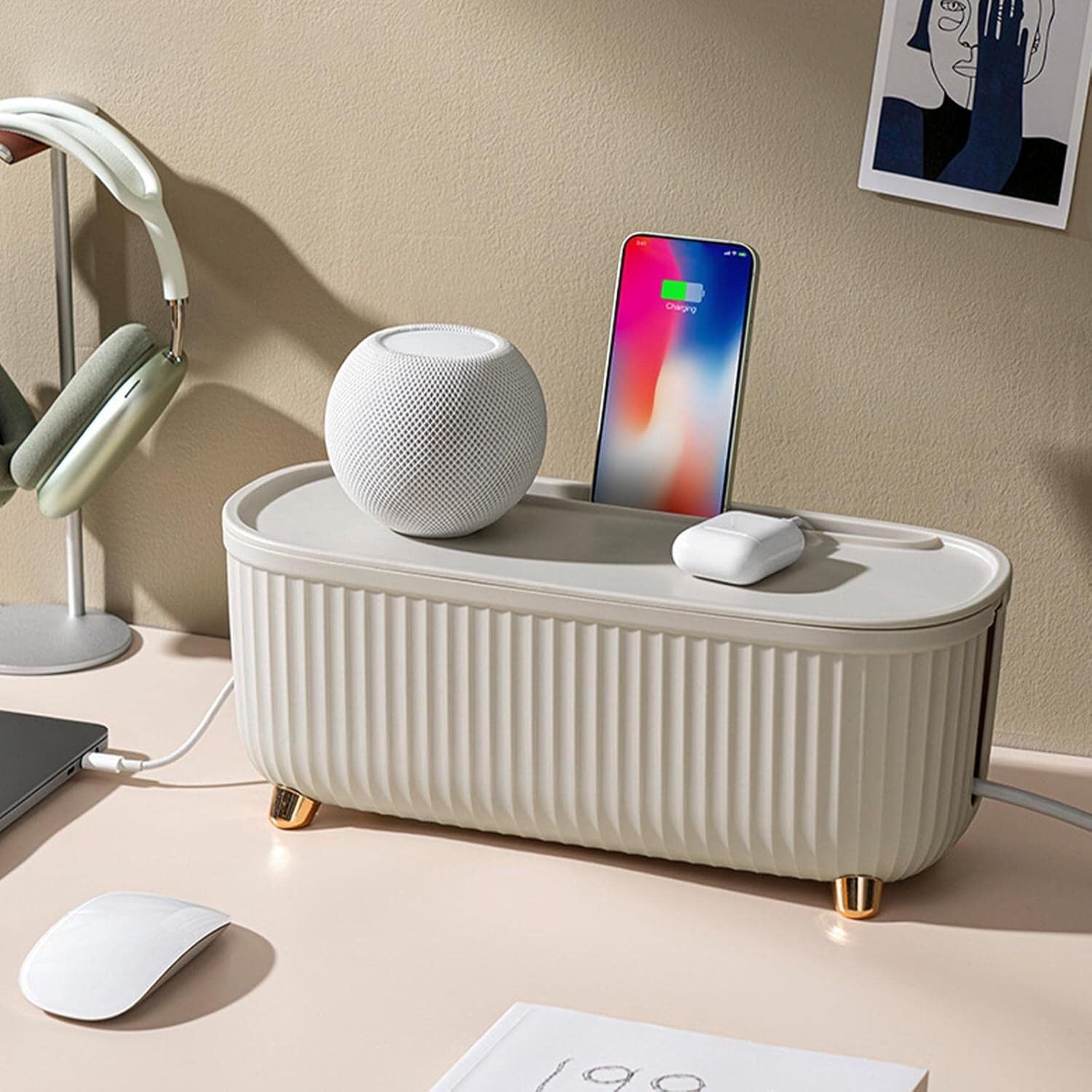 Soko Cable Management Box with Mobile Stand | Cords Hider & Surge Protector | Concealer for Power Strips, Router, Gadget Wires Storage Organizer Tray for Desk, Table - Home, Office (WireHide) - Beige