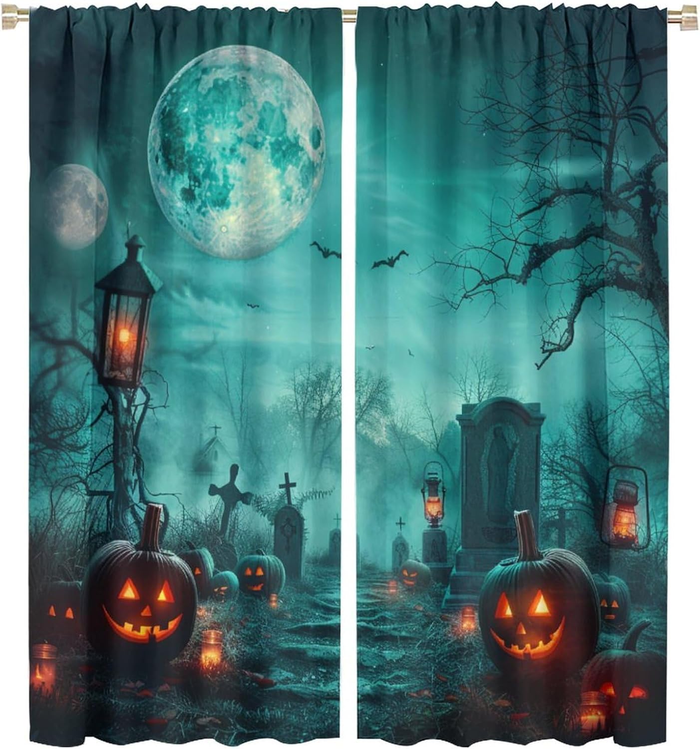 Pumpkin Halloween Blackout Curtains for Bedroom, Gothic Graveyard Moon Curtains Rod Pocket Thermal Insulated Window Drapes for Living Room, 2 Panels/Each 21" W x 45" L