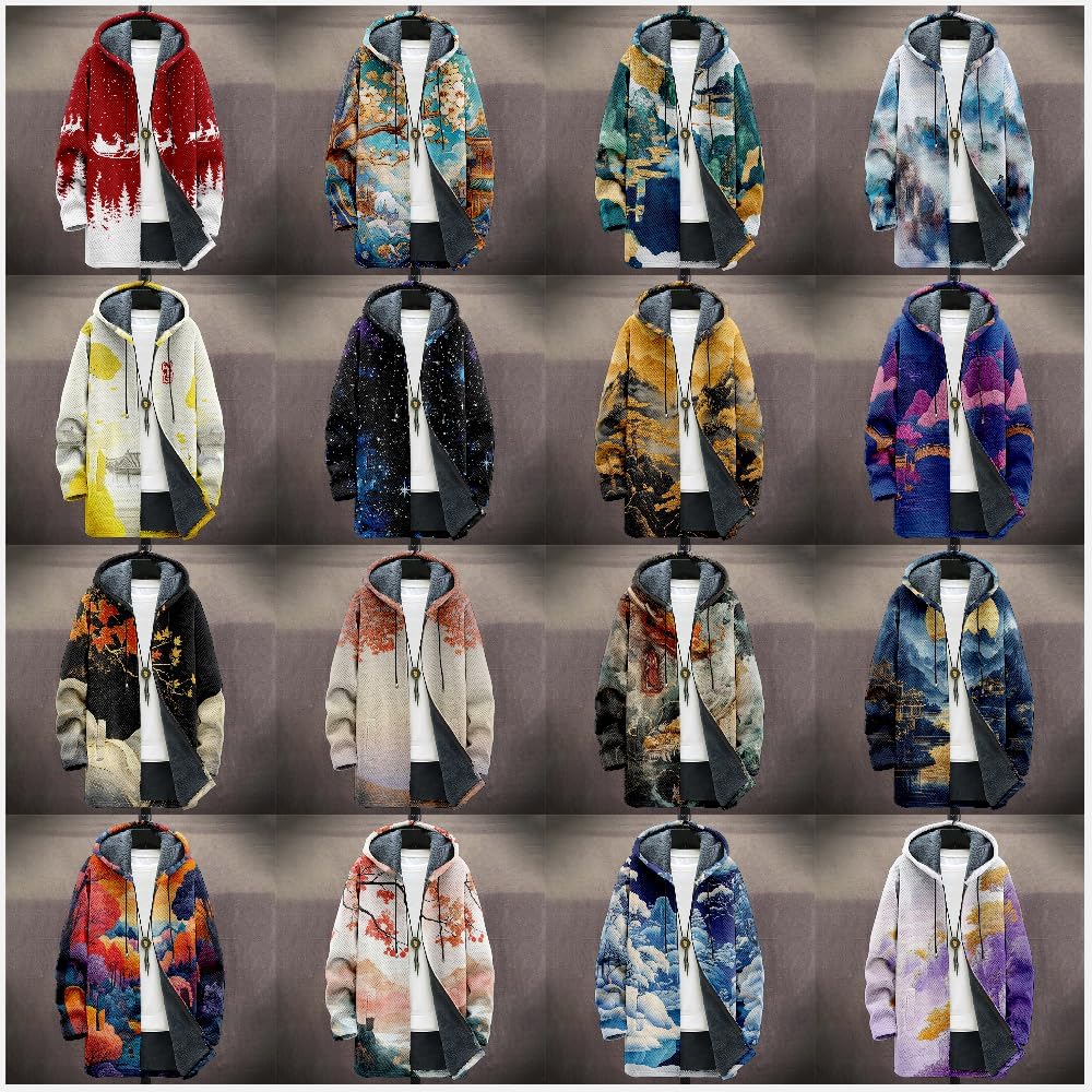 MARSVOVO Sherpa Jacket Men Graphic Coat Cardigan Fleece Fashion Western Shirt Hooded Neck Casual Full Zipper Jacket - Image 6