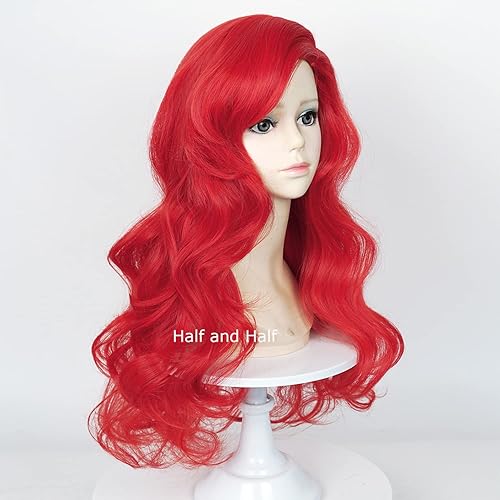 Miniatura 3 de Pelucas de sirena para niños y niñas, 21 pulgadas de largo, peluca de sirena rizada roja para niños, pelucas onduladas con clip de estrella de mar y