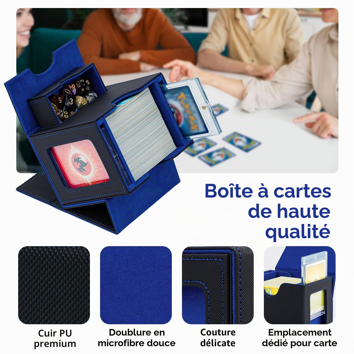 Boîte de Rangement Magnétique en Cuir PU pour 100 Cartes MTG, 2 Présentoirs Commander avec Tiroir, Card Deck Box Pour Cartes Magic Commander TCG - Bleu