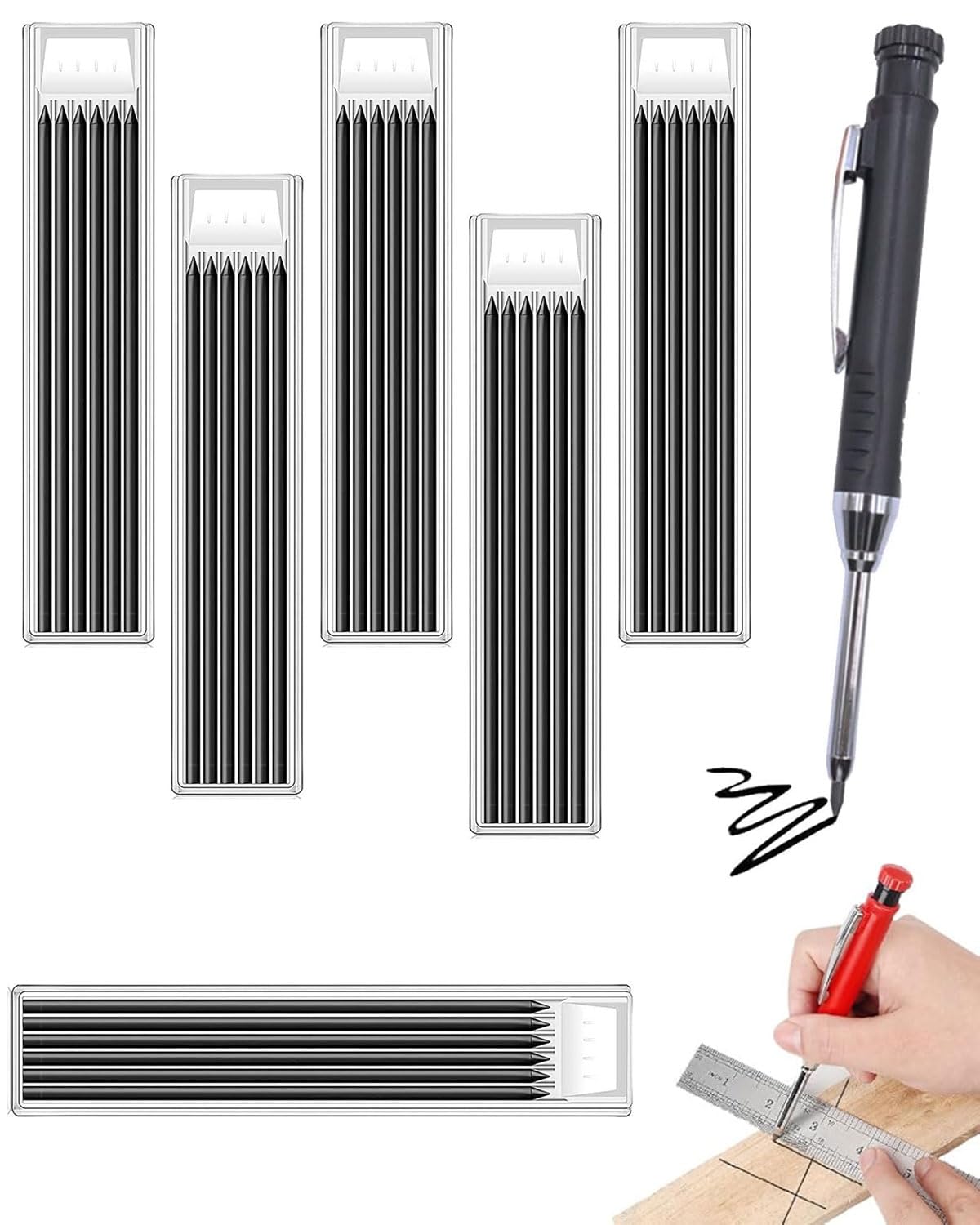 IPNSDON 36Pcs Tracer Pencil Refills 2.8mm Solid Deep Hole Pencil Refill Carpenter Pencil Refills for Architect Construction Building Joiners Pencil Replacement Woodworking Marking Scribe Tools(Black)