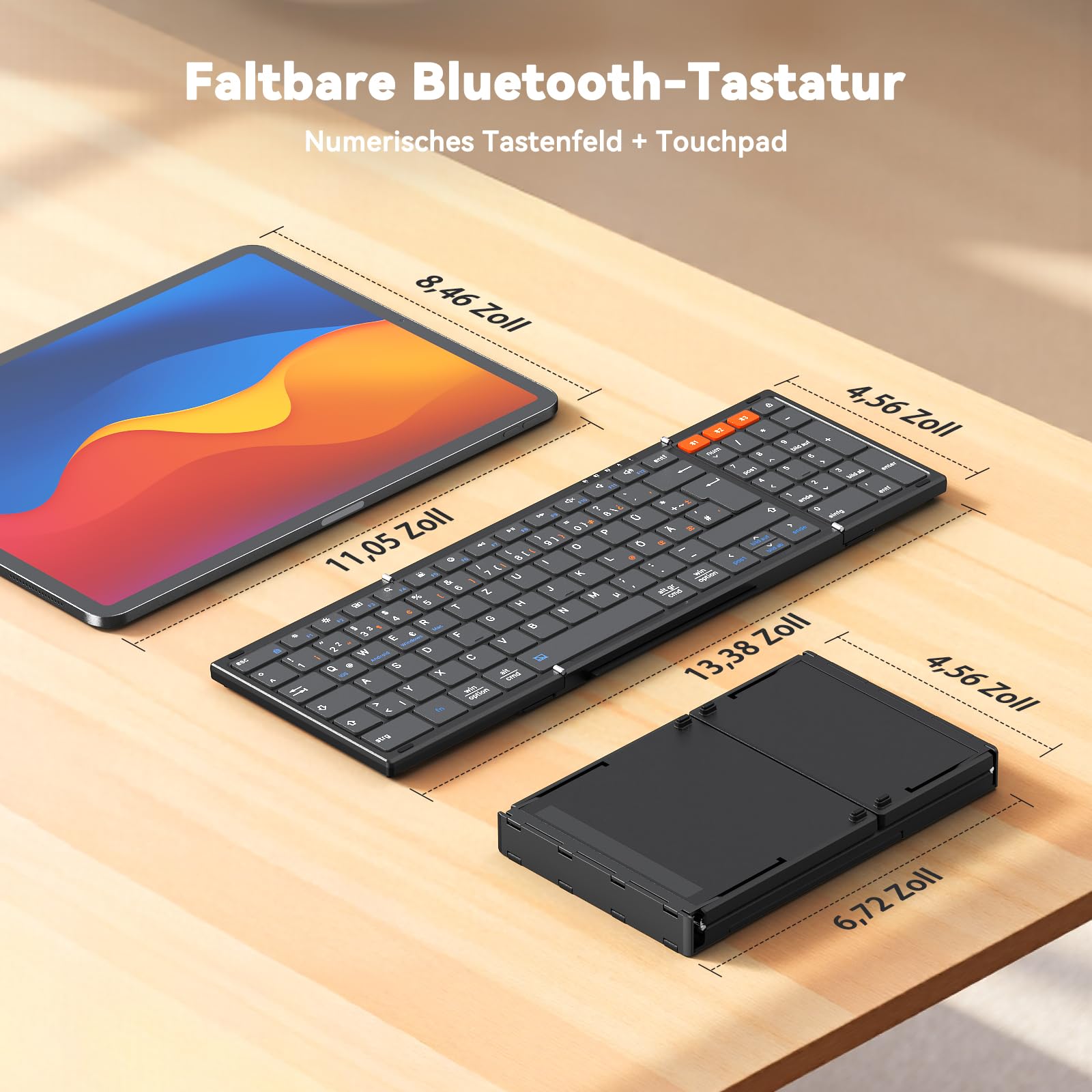MEETION Faltbare Bluetooth-Tastatur mit Touchpad, QWERTZ, Kabellos | Tragbare, wiederaufladbare Tastatur mit Ziffernblock, kompatibel mit iPad, Windows, Mac, Android, iOS und Laptops