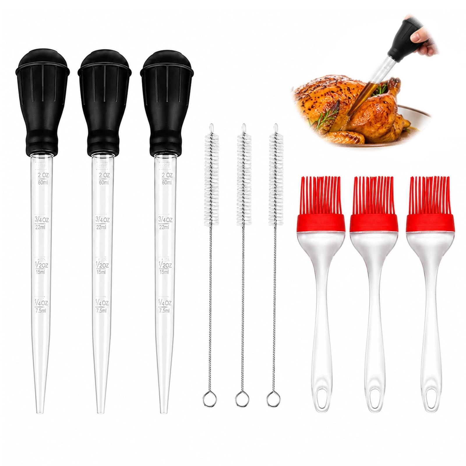 9Pcs Turkey Baster Set, 28cm Silicone Syringe with Basting & Cleaning Brush