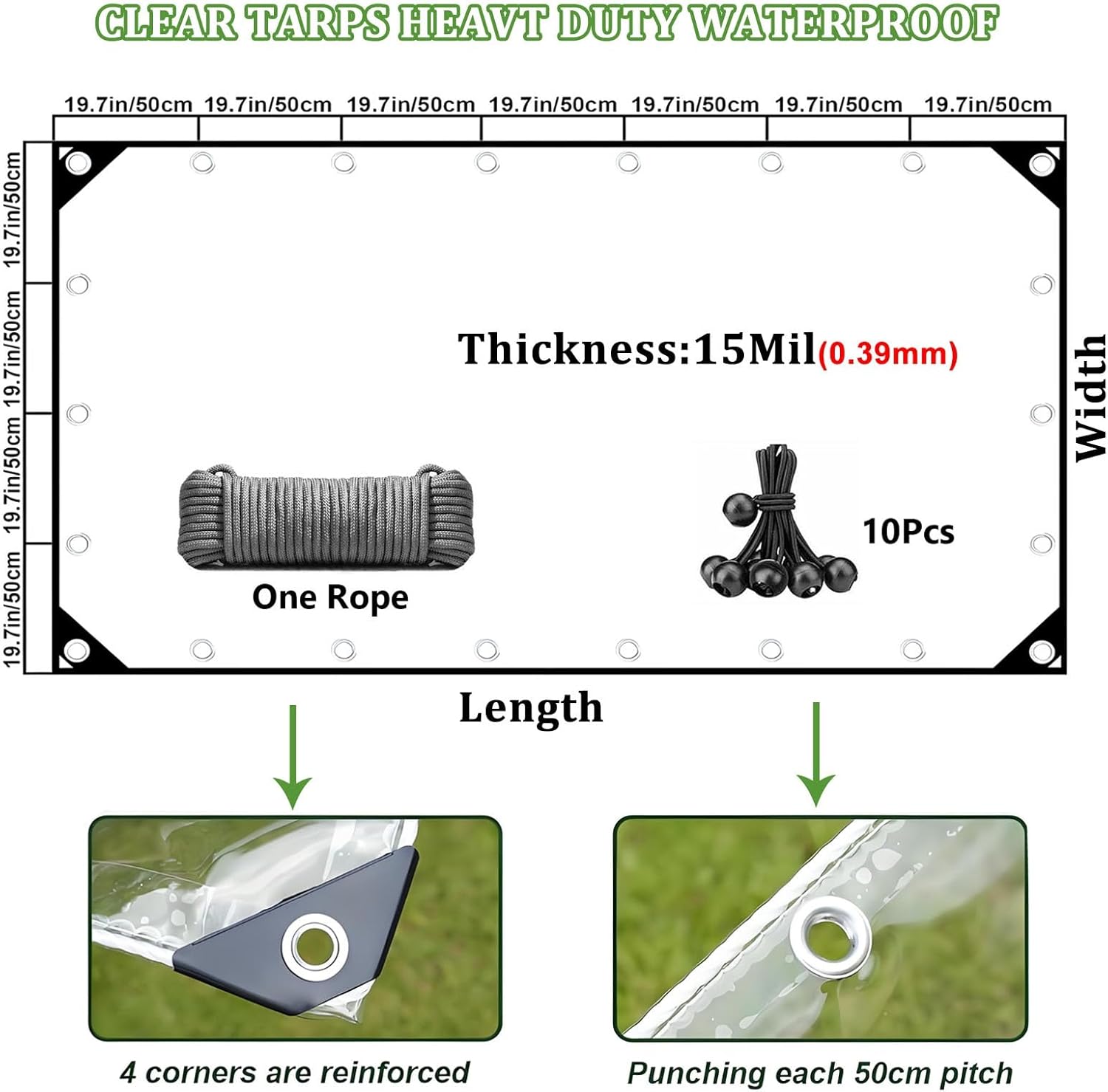 Heavy Duty Tarp 16x35 FT， 15Mil Clear Waterproof Vinyl Cover with Grommets, All-Weather Protection for Porch Enclosure Patio Deck Balcony