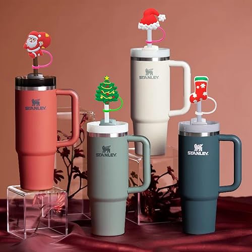 Miniatura 5 de 4 piezas de adornos para popote de Navidad, cubierta de popote Stanley de Amreich Christmas Stanley, vaso de 30 onzas y 40 onzas con asa, fundas de