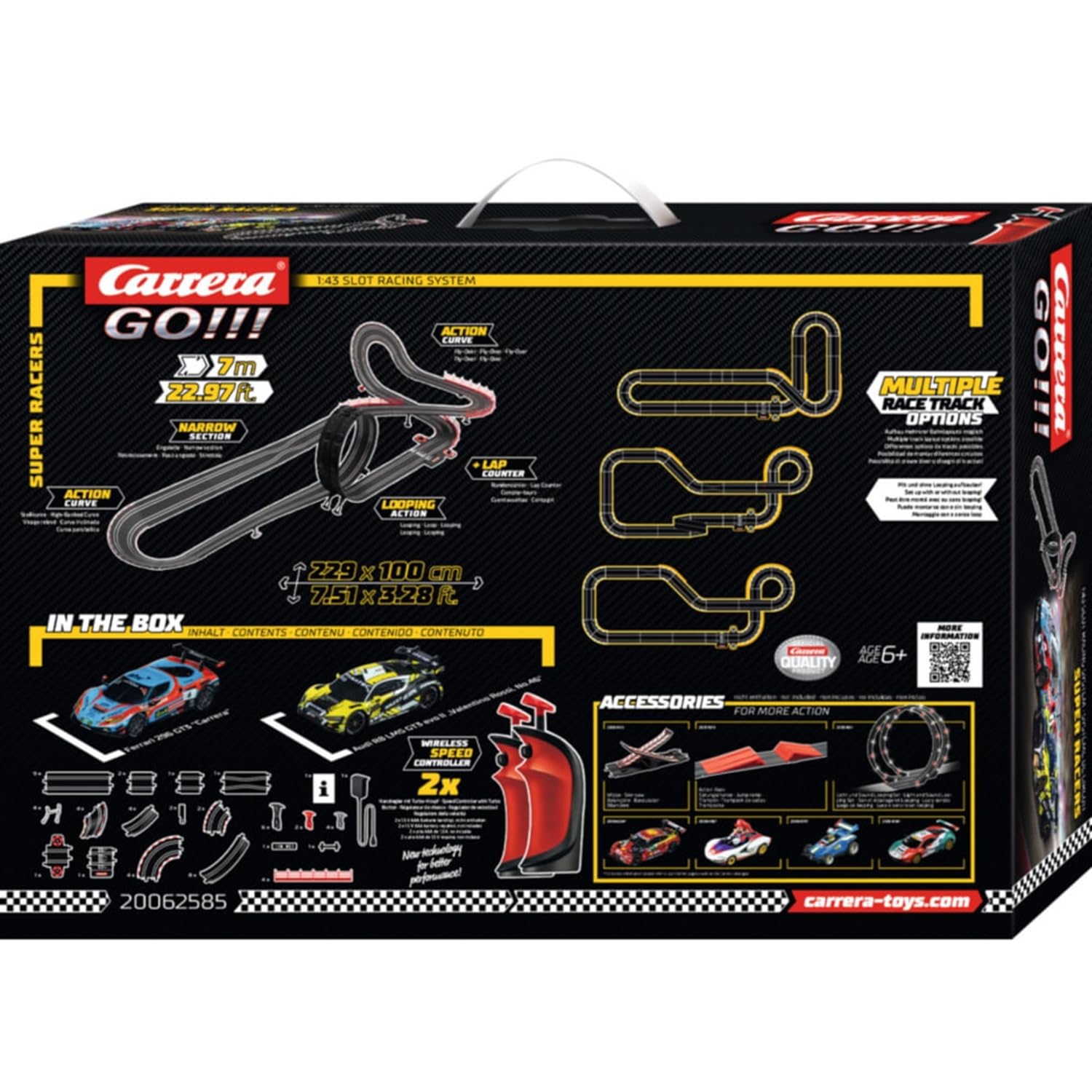 Carrera GO!!! 62585 - Set di base 62585 | 2 slot con 2 manopole wireless con pulsante turbo | inclusi looping, fly-over, curva e contatore di giri