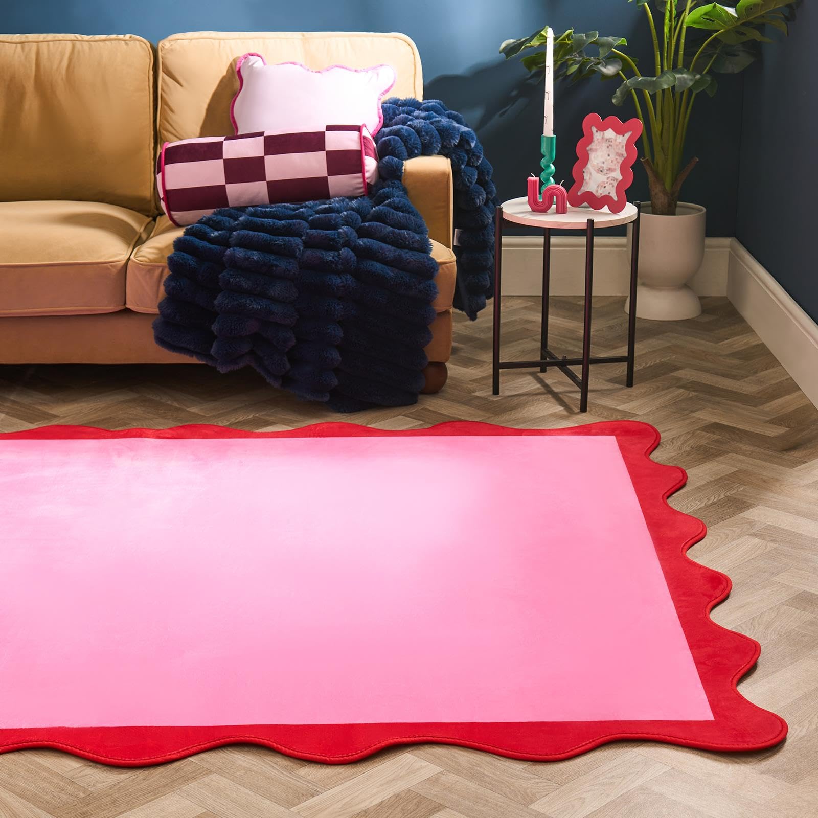OHS Scallop Edge Rugs for Bedroom, Rugs Living Room 120 x 170 Home Lounge Decorations Super Soft Modern Bedroom Rug Non Slip Low Pile Medium Area Rug Floor Carpet, Pink/Red
