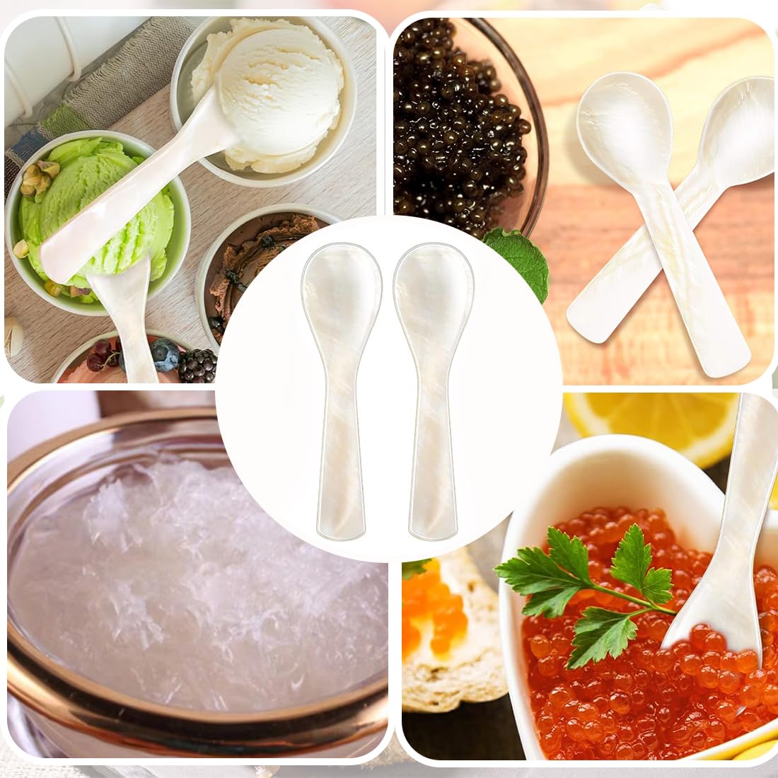 ZKGYUS 2 Piezas Cucharas de Nácar Mini para Caviar y Huevo - Hechas a Mano, Color Blanco, Extremos Redondos - Para Servir, Café y Postre