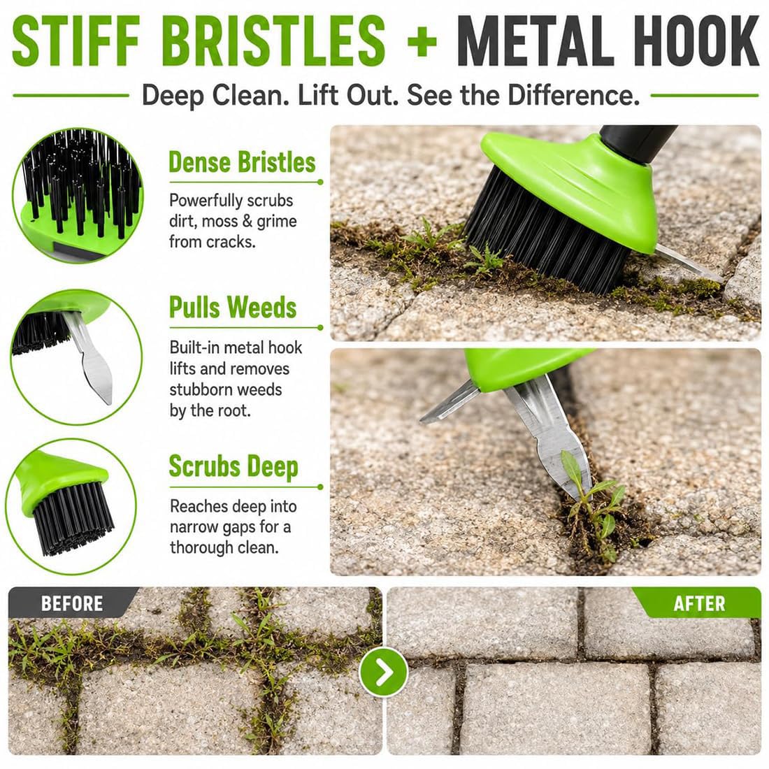 Set Combinado versátil de Cepillo para Malas Hierbas 3 en 1: Cepillo para Limpiar Juntas y Gancho metálico; Herramienta para Eliminar Malas Hierbas y Fregar hormigón en Patios, adoquines (2PCS,1)