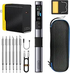 FNIRSI Kit de ferro de solda portátil HS-02A 100W, 100-450 °C, 3 grupos de temperatura predefinidos, 3 pontas de solda, ferramenta digital inteligente para reparo de precisão