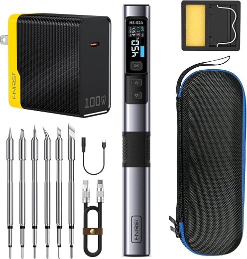 FNIRSI HS-02A 100W Portable Soldering Iron Kit, 100-450℃, 3 Preset Temperature Groups, 3 Soldering Tips, Smart Digital Too...