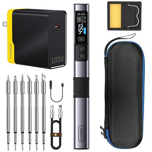 Kit de soldador portátil con cable FNIRSI HS-02A de 100W, calentamiento rápido 3S, 400-450°F, 3 grupos de temperatura preestablecidos, 6 puntas de soldadura F245, herramienta inteligente de soldador digital para reparación de electrónica