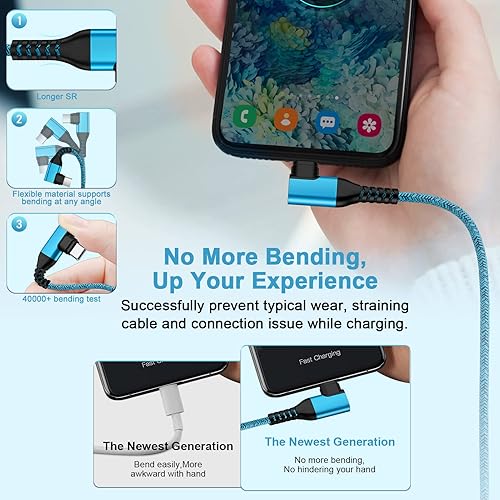 Miniatura 5 de Cable de alimentación para teléfono Android, cable de carga Samsung USB tipo C a C 60 W, paquete de 3 unidades de 6 pies y 90 grados de carga rápida