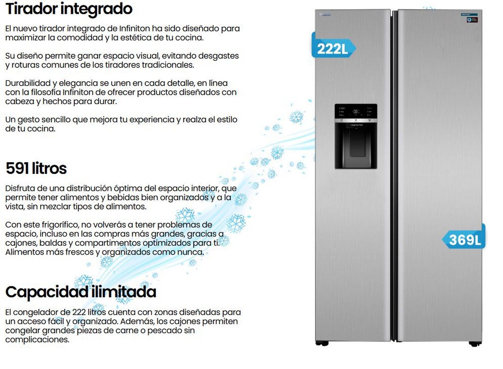 Frigorifico Americano Infiniton SBS-591A85XEI, 591 Litros, Total No Frost, E, Dispensador de Agua e Hielo requiere toma de agua, Inox Antihuellas, Panjtalla LCD, 39 dB