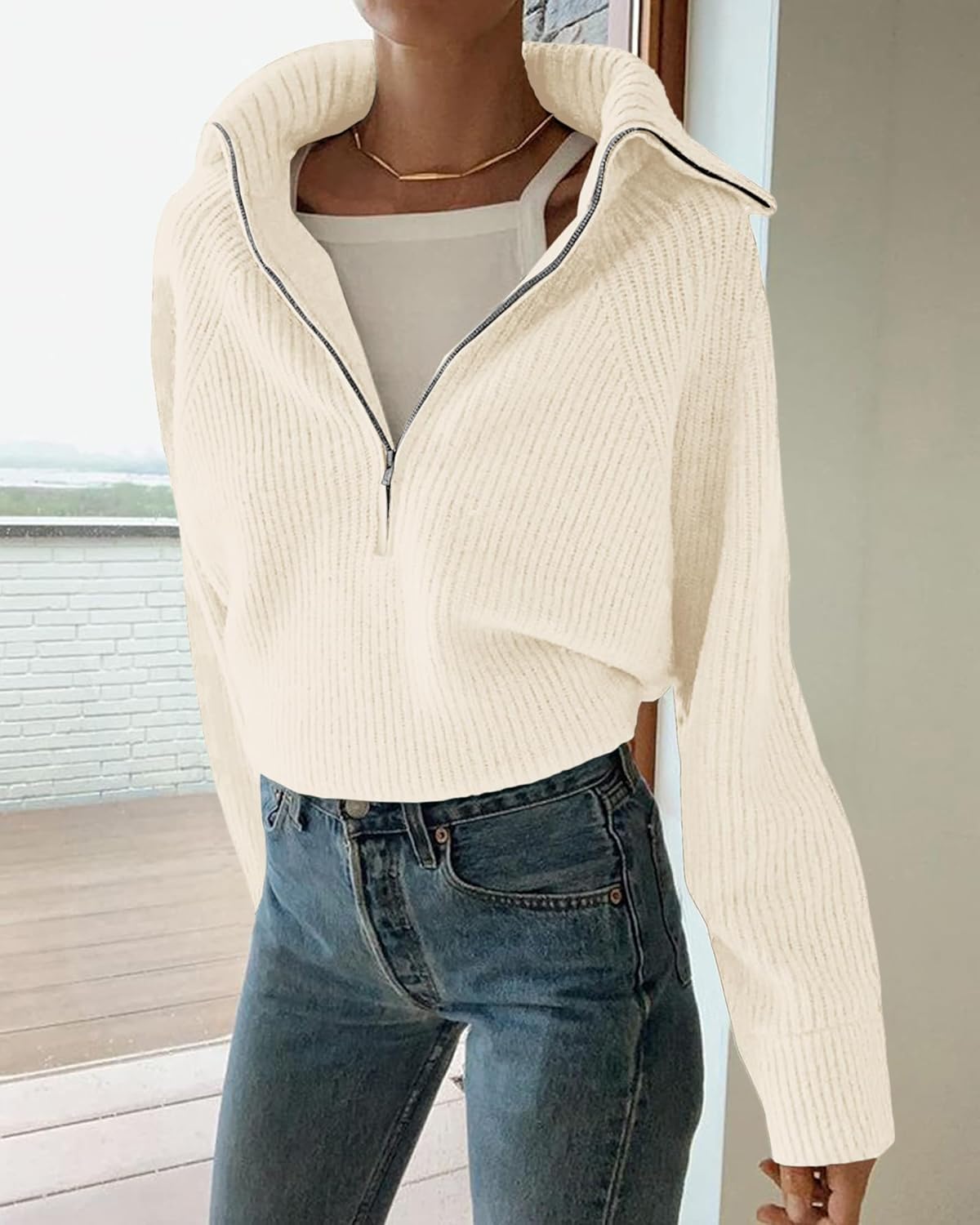 BTFBM Womens Sweaters Quarter Zip Pullover V Neck Collar Long Sleeve Ribbed Knit Loose Casual 2026 Winter Fall Sweater - Image 2