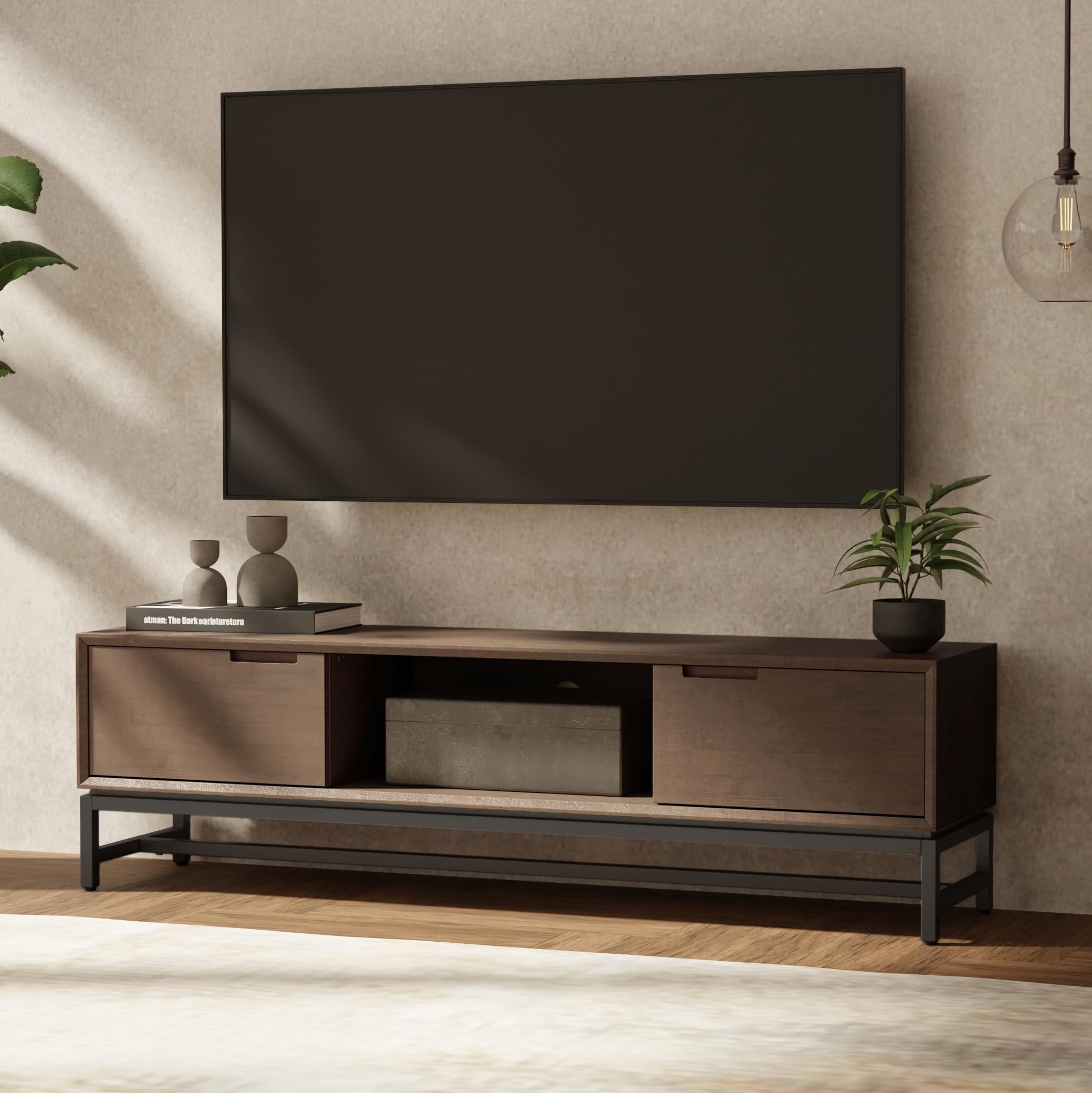 SIMPLIHOME Banting SOLID HARDWOOD Wide Modern Industrial Media Stand for TVs up to 80 inches for The Living Room and Entertainment Center, 72 inch, Walnut Brown