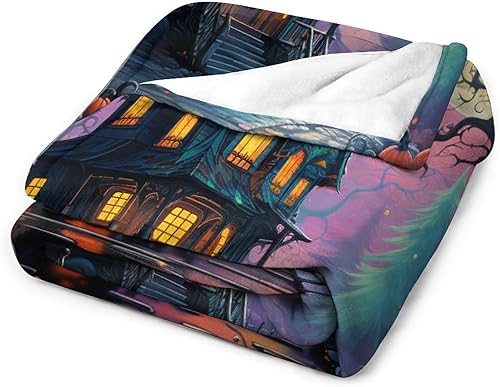 Miniatura 10 de Manta de forro polar con diseño de casa encantada, castillo, luna, calabazas, otoño, Halloween, lujosa, cálida y acogedora para sofá, cama, oficina,