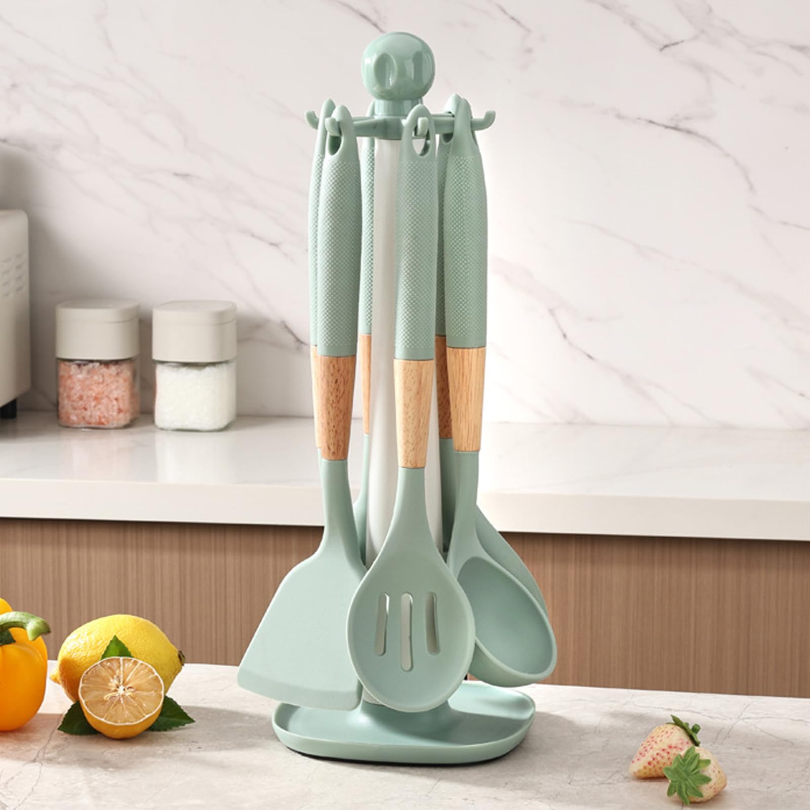 AVEKI Juego de utensilios de cocina de silicona, 7 piezas, con soporte giratorio, resistentes al calor, utensilios de cocina para utensilios de cocina (verde)