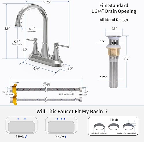Miniatura 5 de GOWIN Grifo de baño de 2 manijas de níquel cepillado con drenaje desplegable de metal y líneas de suministro de grifo, grifo de utilidad giratorio