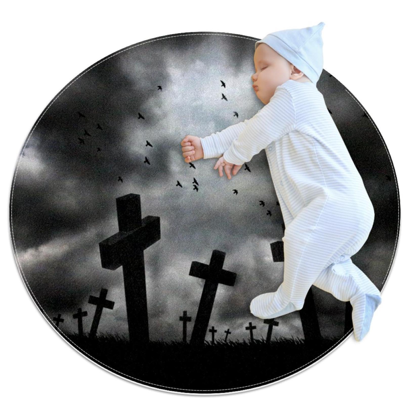 Tapis de salle de bain Halloween rond 1m avec corbeau et cimetière