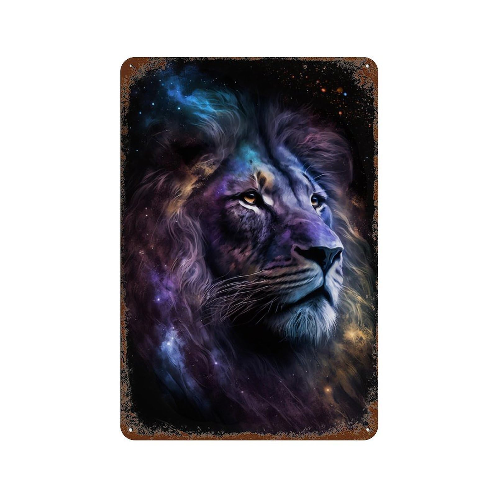 Distressed Metal Wall Sign Cosmic Lion Portrait Artwork-2 11.8"x7.9", Old School Wall Decor for Bistro, Counter And Cafe Decor