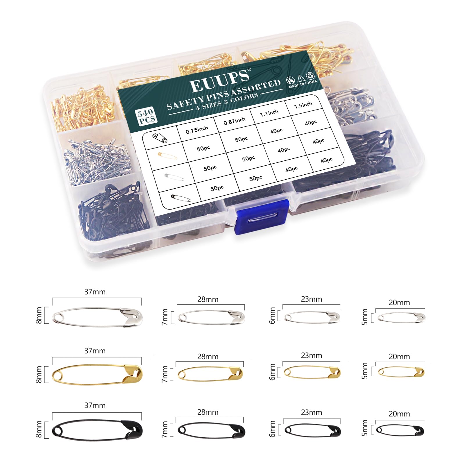 Sicherheitsnadeln in Silber, Schwarz, Gold, 4 Größen, sortiert für Kleidung, Kunst, Handwerk, Nähen, Schmuckherstellung, Zuhause, Büro, mit Aufbewahrungsbox, 540 Stück