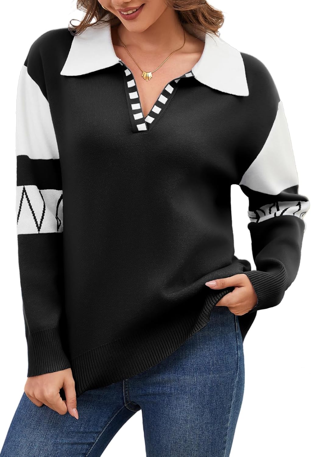 ANCAPELION V Neck Sweaters for Women Long Sleeve Colorblock Striped Knitted Pullover Fall Loose 2025 Trendy Jumper Tops - Image 2