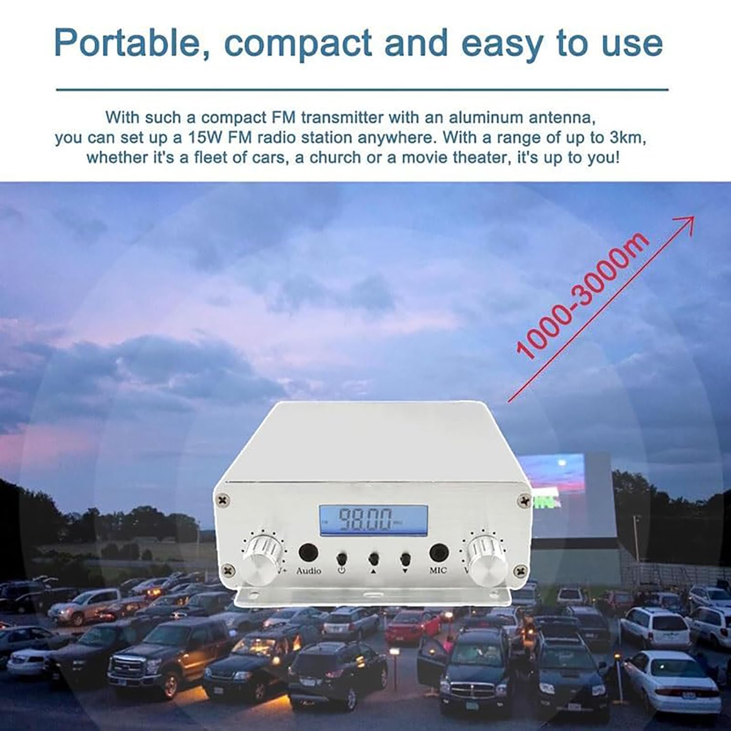 Transmisor FM de 15 W, transmisor de transmisión FM de Largo Alcance de 87-108 MHz con Conector de micrófono de 3,5 mm, para autocine, estacionamiento de Iglesias, Eventos de supermercados