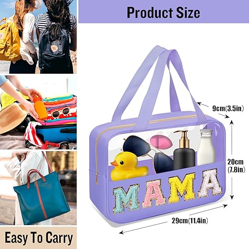 Miniatura 2 de Preppy - Bolsas de maquillaje transparentes con parches de letras de chenilla, bolsa transparente con cremallera con asas, bolsa de aseo de viaje