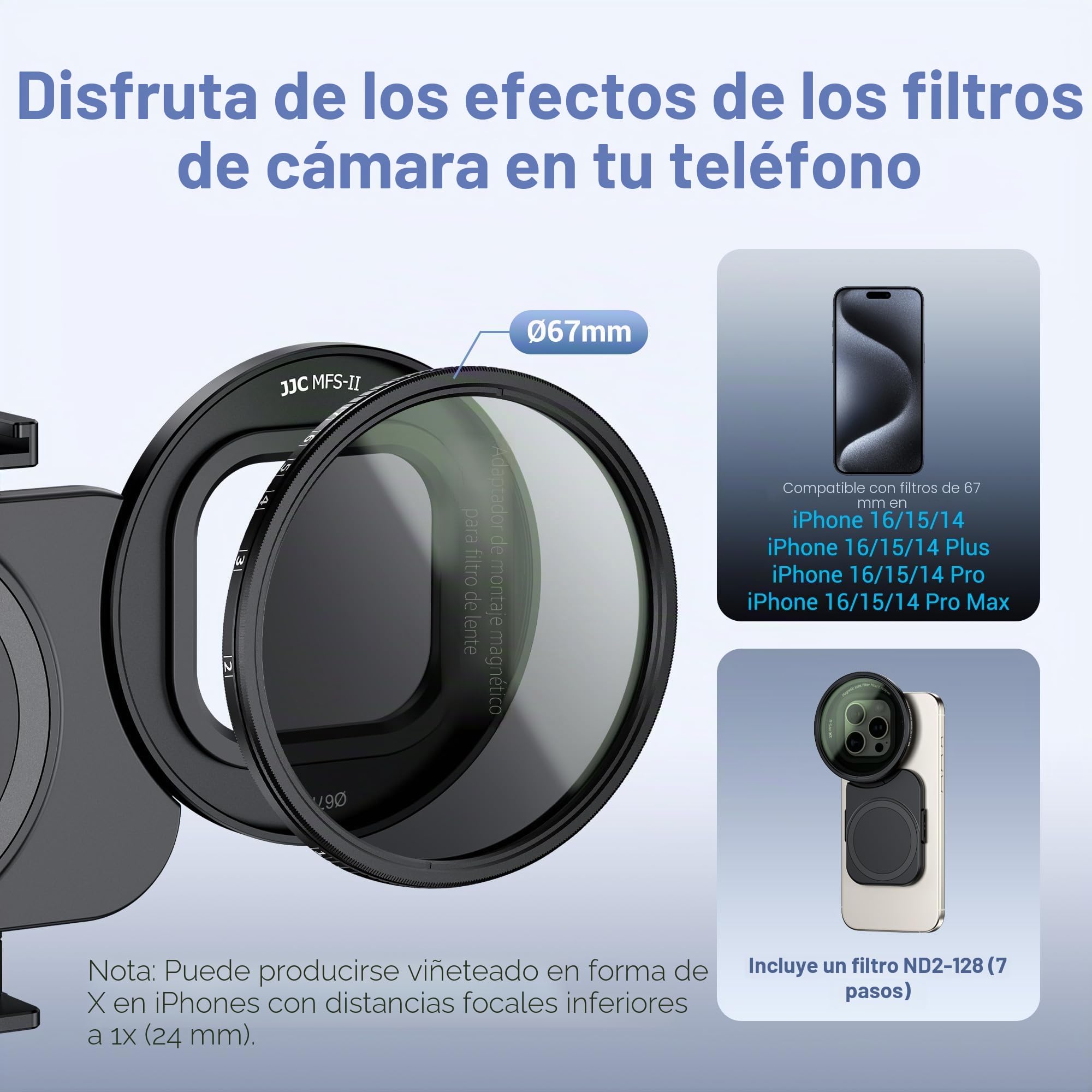 JJC Adaptador de Filtro Magnético para Teléfono de 67 mm con Filtro ND2-128 (7 Pies) para iPhone 14/15/16 Pro/Plus/Max Series