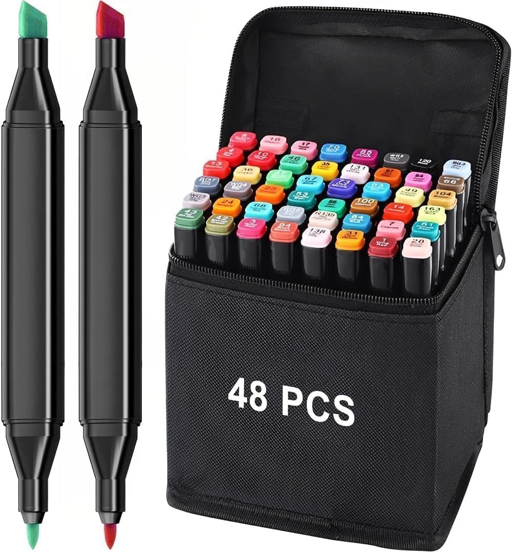 Dual Tip Colourful Art Markers Sketch Pens Colours With Carrying Case For Painting Sketching Calligraphy Drawing Non Toxic Twin Head Permanent Colouring Markers For Kids Adult (48 PC)