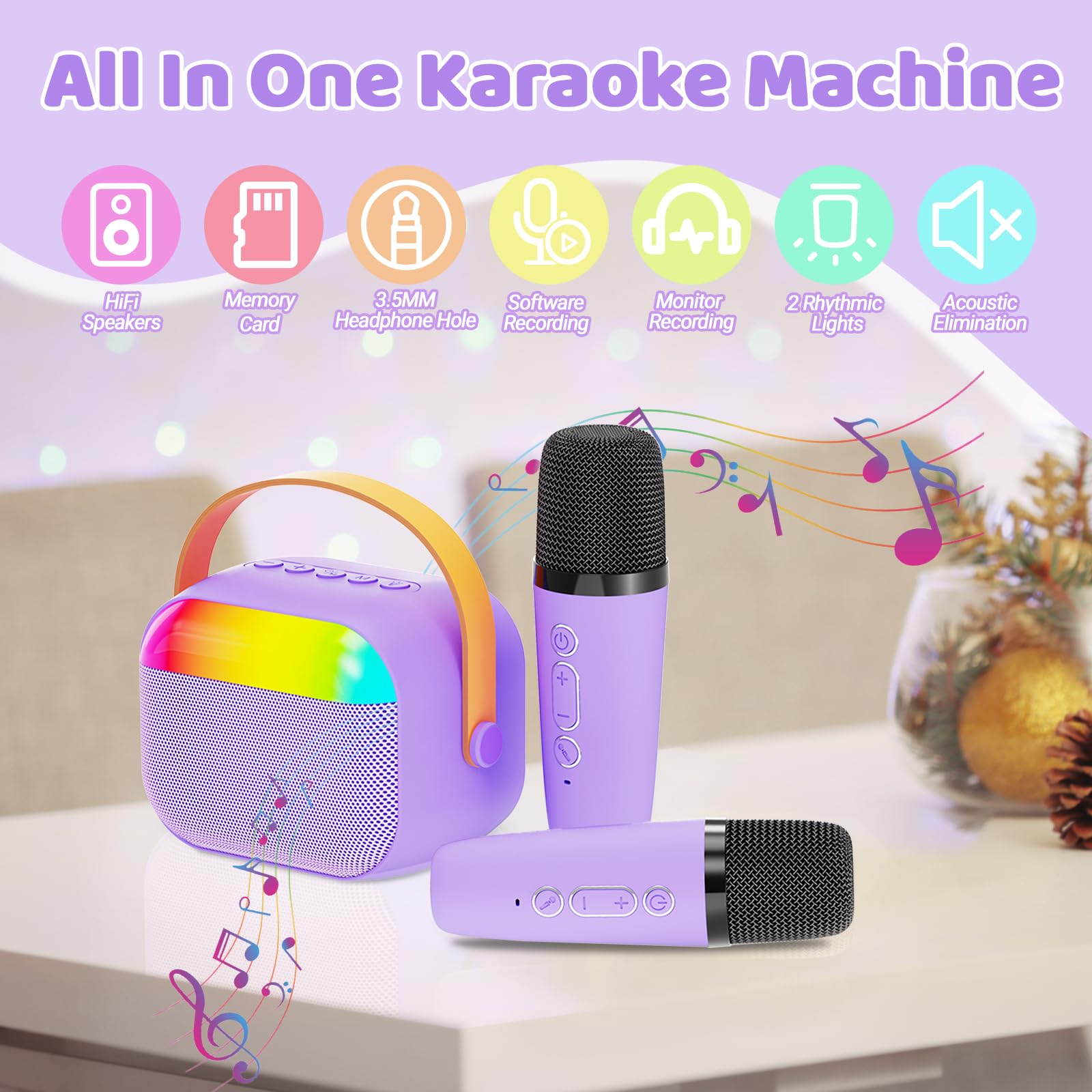Máquina de karaoke para niños con tarjeta de memoria, altavoz Bluetooth portátil con 2 micrófonos inalámbricos, micrófono para niños de 4 5 6 7 8 9 10 años en adelante, regalo de cumpleaños 3
