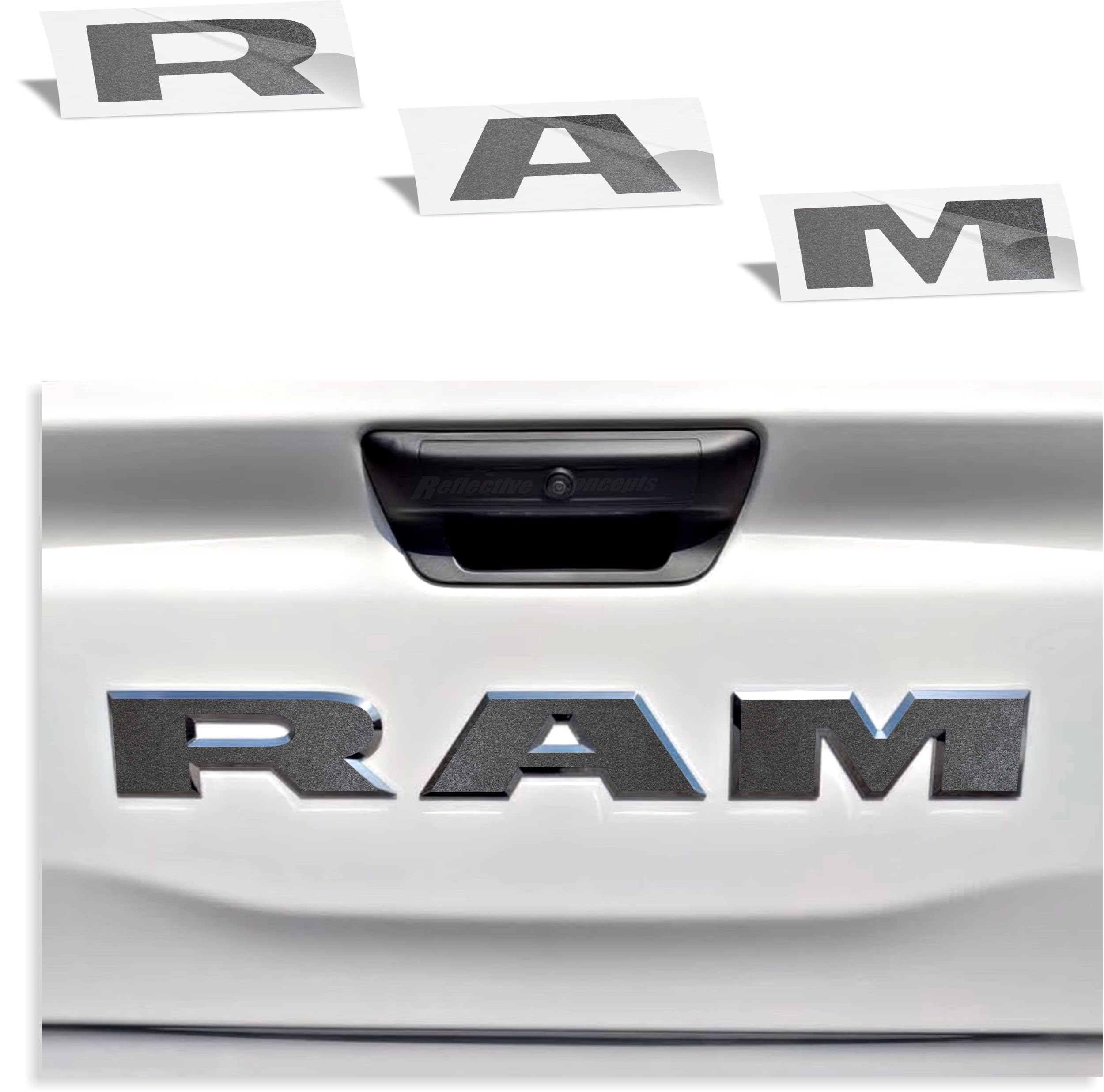RAM Tailgate Emblem Overlay Decal Stickers 2025-2026 Ram 1500 (Color: Granite Crystal Metallic)
