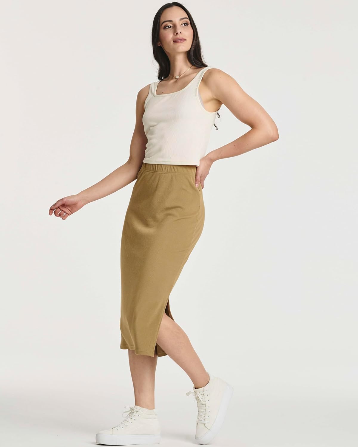 Real Essentials 3 Pack: Women's Midi Ribbed Knit Skirt with Side Slit - Stretchy Work Business Casual Pencil Pull-On Skirts - Image 5