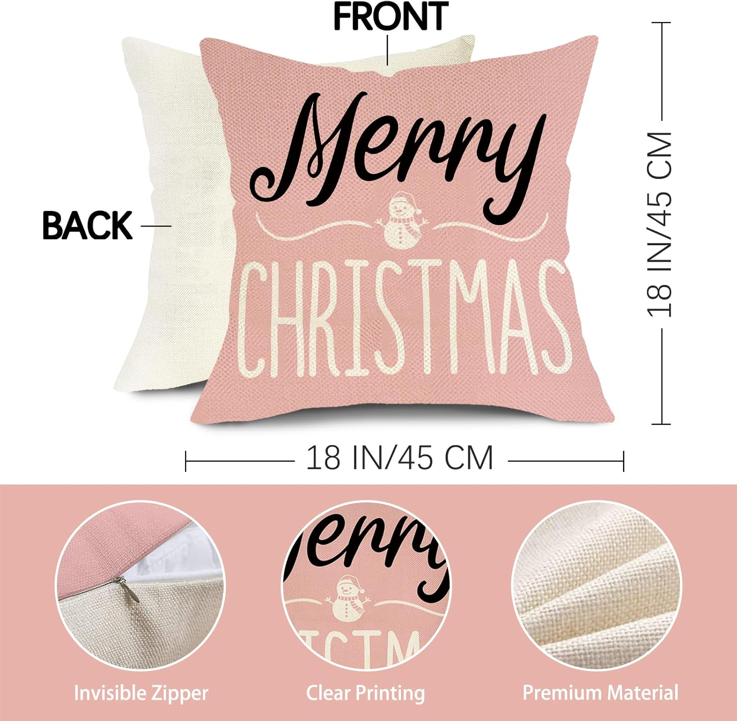 Merry Christmas Pink Decorative Throw Pillow Covers 18 x 18 Set of 4, Xmas Tree Snowflake Joy Bell Buffalo Plaid Porch Outdoor Home Decor, Let It Snow Winter Holiday Sofa Couch Cushion Case - Image 3