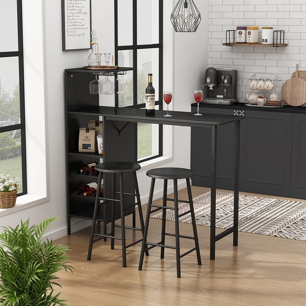 Vicco Juego de Mesa de Bar Naila, Negro, 121.5 x 40 cm con 2 taburetes, Apto como Comedor con Superficies de Almacenamiento para Guardar Objetos