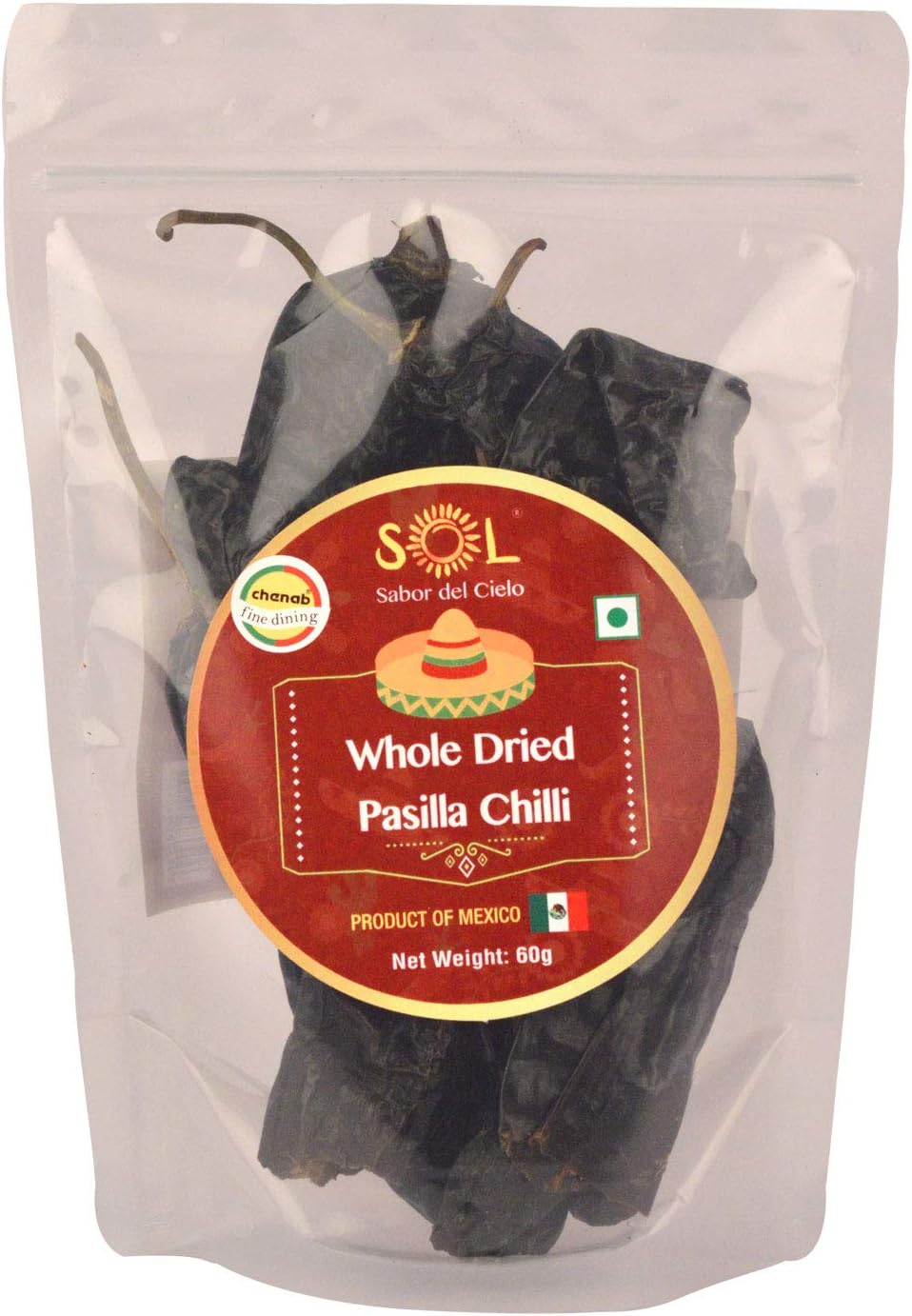 Whole Dried Pasilla Chillies with stem, 60g