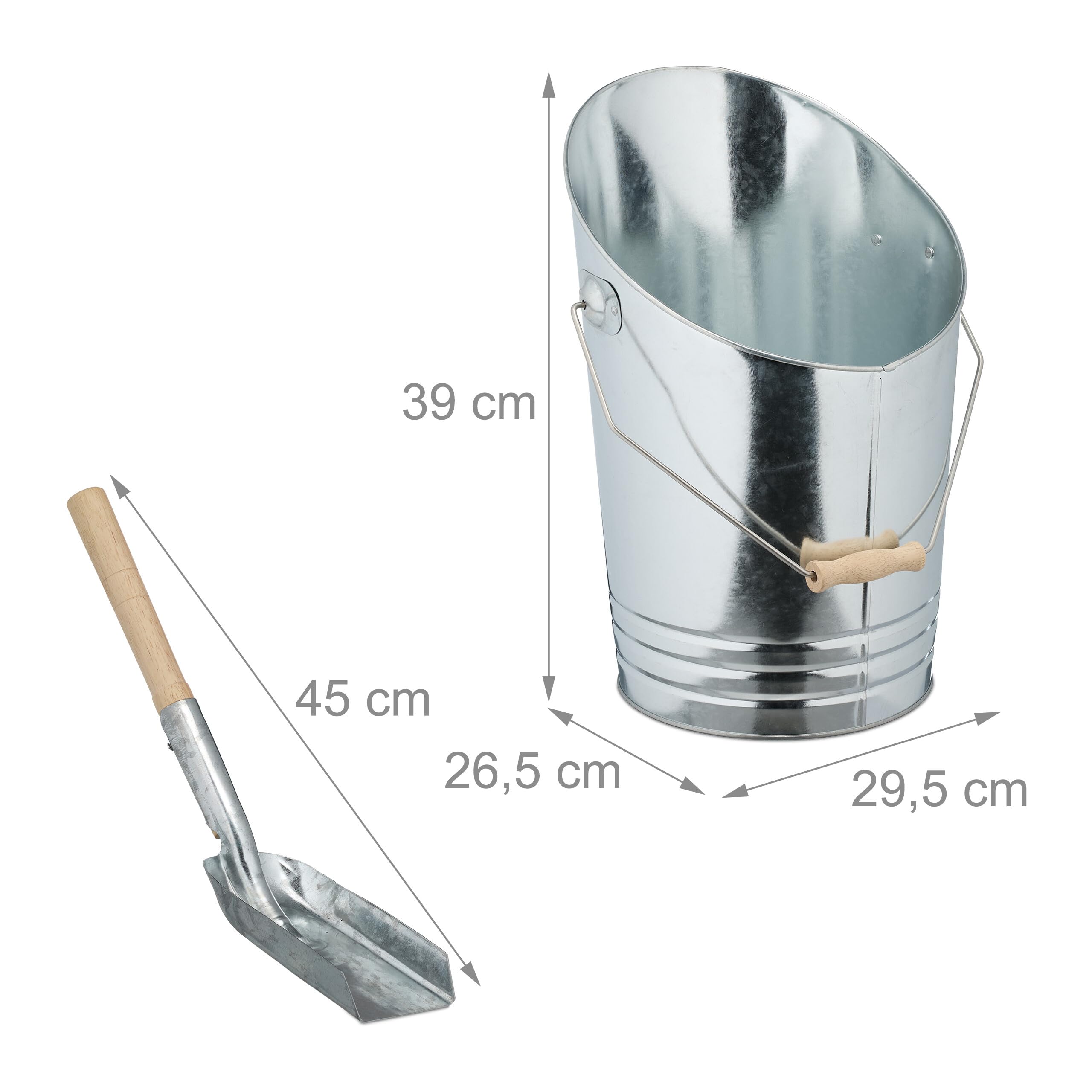 Relaxdays Secchio Raccogli Cenere con Manico e Pala, Cesto Carbone 10 L, Secchiello per Camino e Stufa, Ferro, Argento